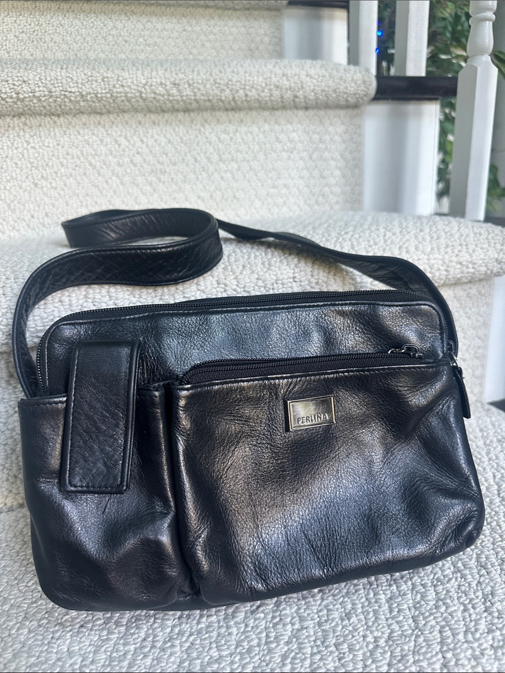 Perlina Black Leather Men's Toiletry/Crossbody Bag
